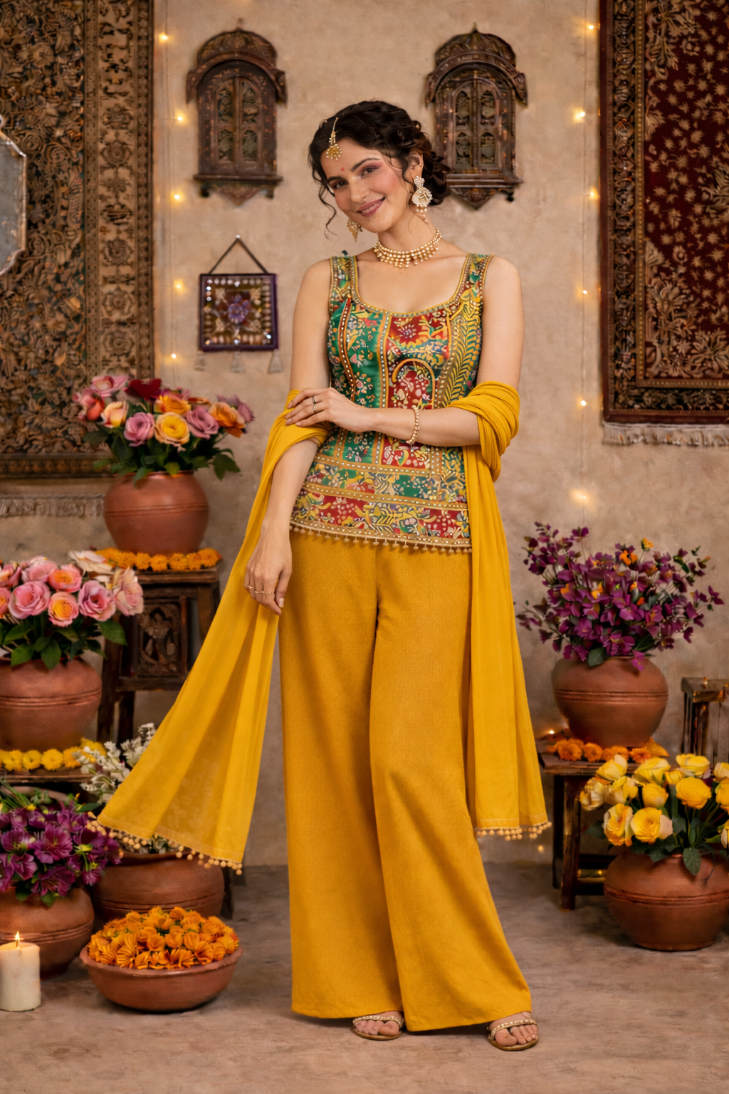 Hand-Touched Position Print Short Indo Top with Palazzo & Dupatta