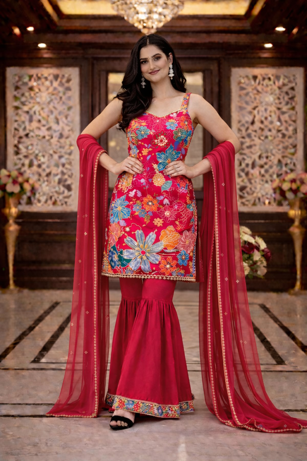 Floral Print with Emb. Straight Suit with Sharara and Dupatta
