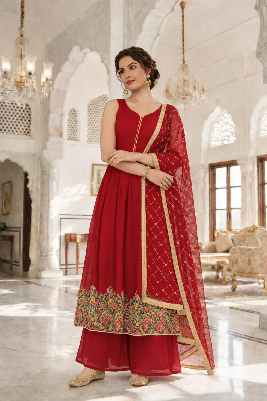 Heavy Embroidered Gher Anarkali with Palazzo & Dupatta