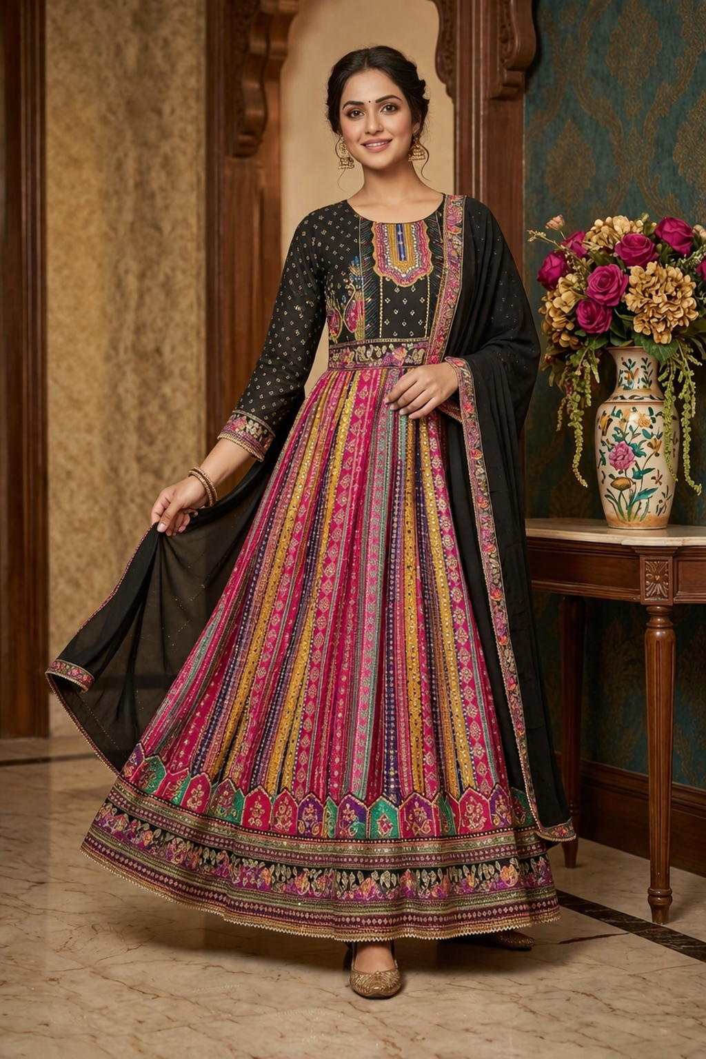 Multi Print Anarkali Suit with Dupatta
