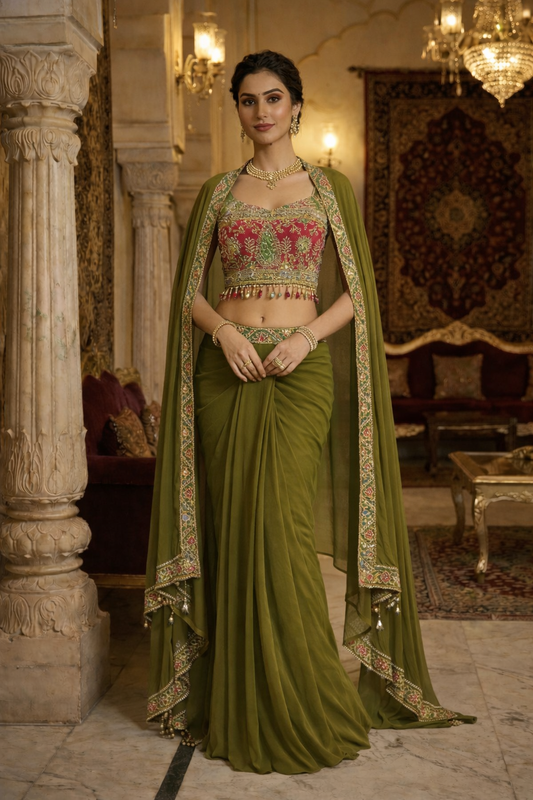 Embroidered Printed Indo Top with Shrug & Cowl Set