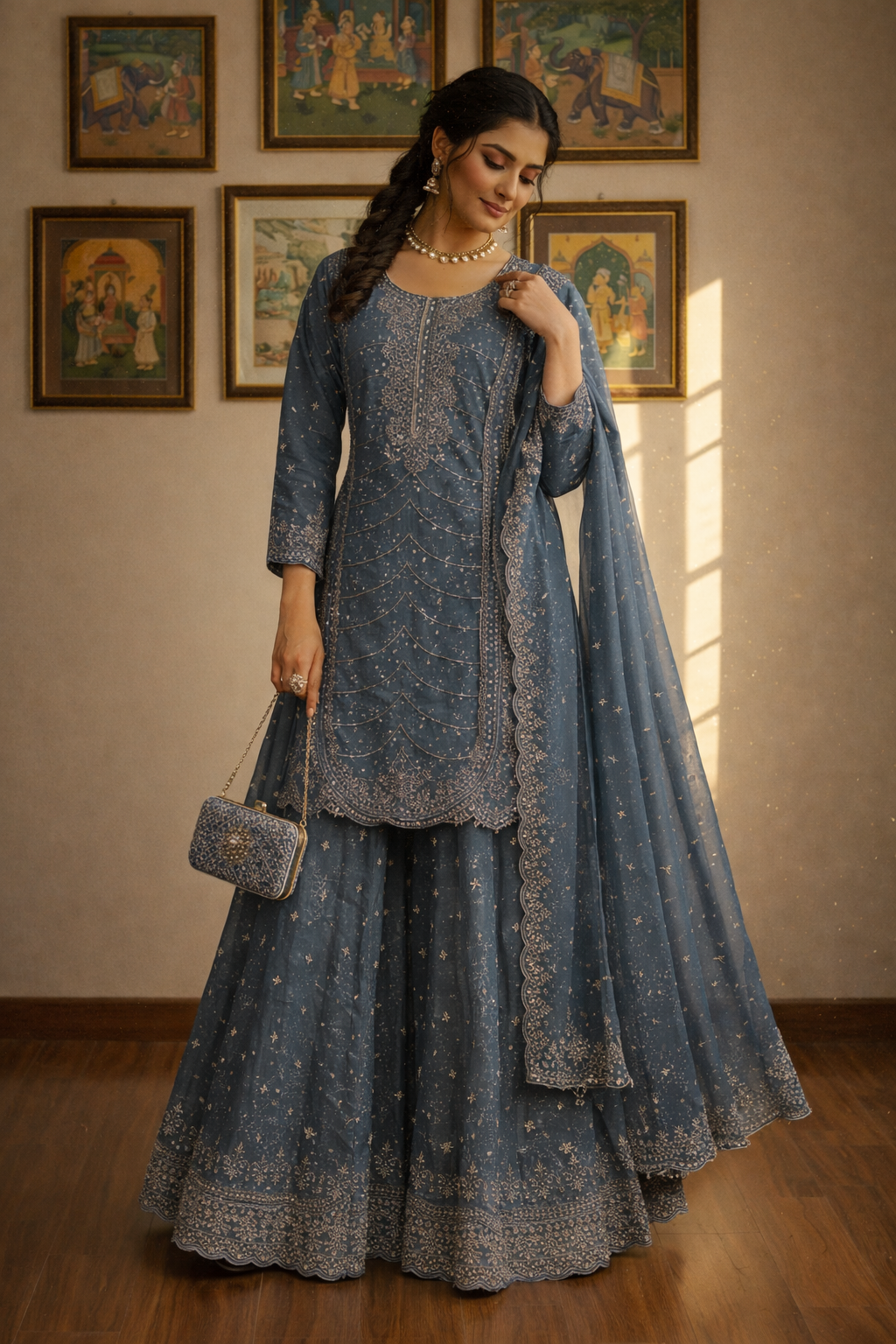 Heavy Embroidered Pakistani Suit with Palazzo & Dupatta