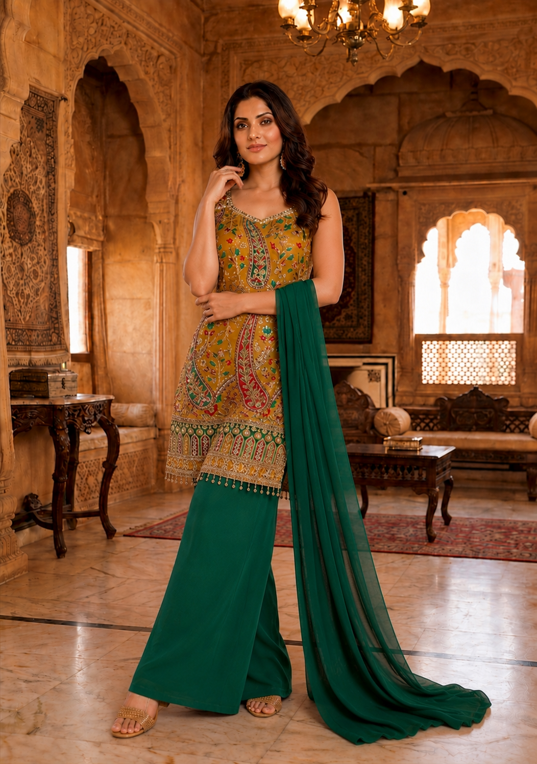 Printed Suit with Embroidered Paired with Palazzo and Dupatta