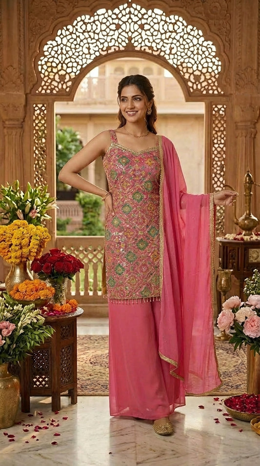 Printed Suit with Embroidery Paired with Palazzo and Dupatta