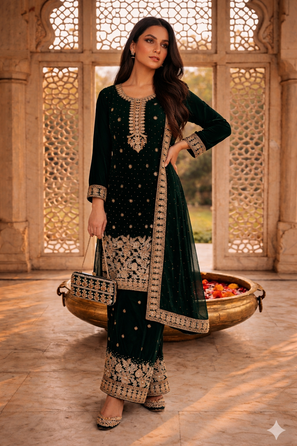 Embroidered Pakistani Suit with Hand Touch - Palazzo & Dupatta Set
