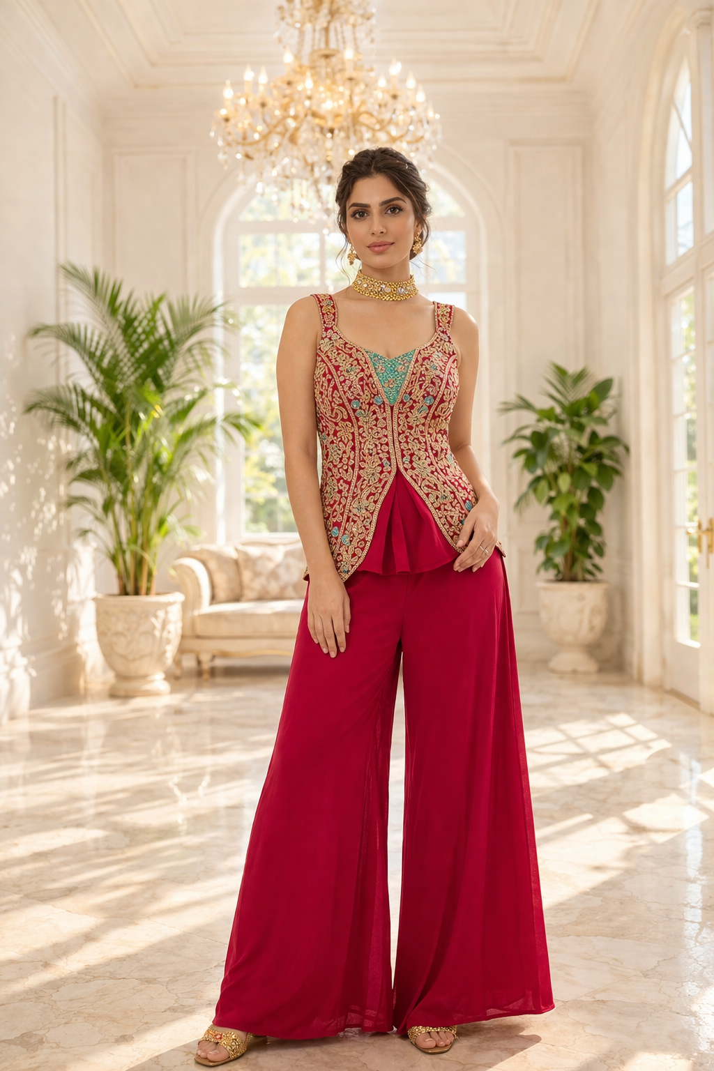Short Indo Embroidered Top with Palazzo Set