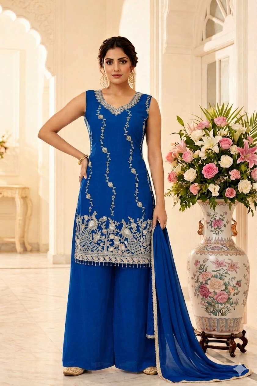 Beads Work Straight Suit with Palazzo & Dupatta