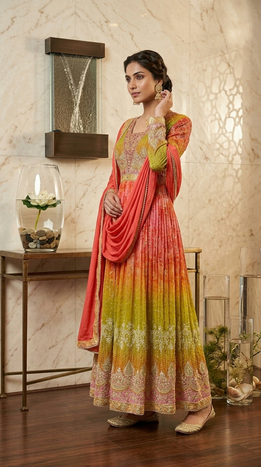 Two Shade Printed Anarkali with Sequin Work & Dupatta