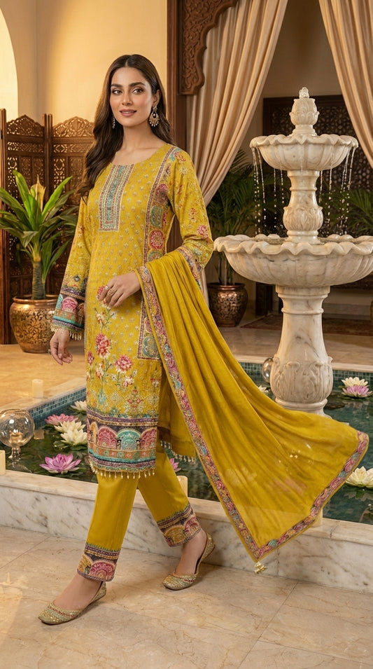 Floral Print Straight Suit with Dupatta