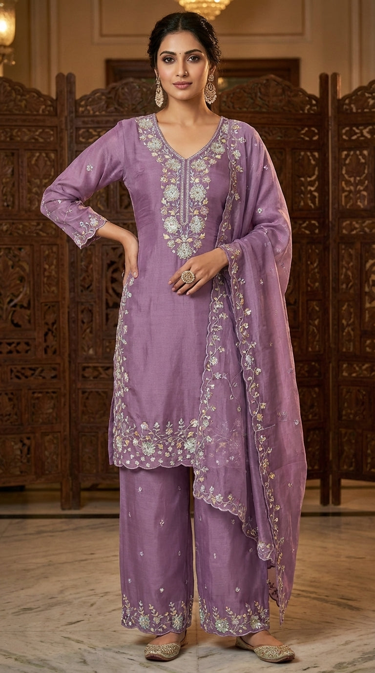 Beats Work straight suit with Plazo and dupatta work