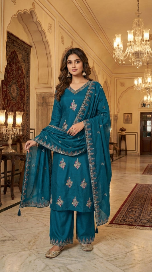 Embroidered Suit with Pant and Dupatta