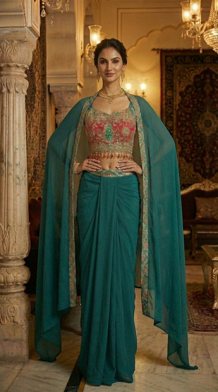 Embroidered Printed Indo Top with Shrug & Cowl Set
