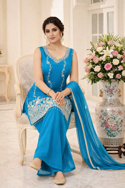 Beads Work Straight Suit with Palazzo & Dupatta
