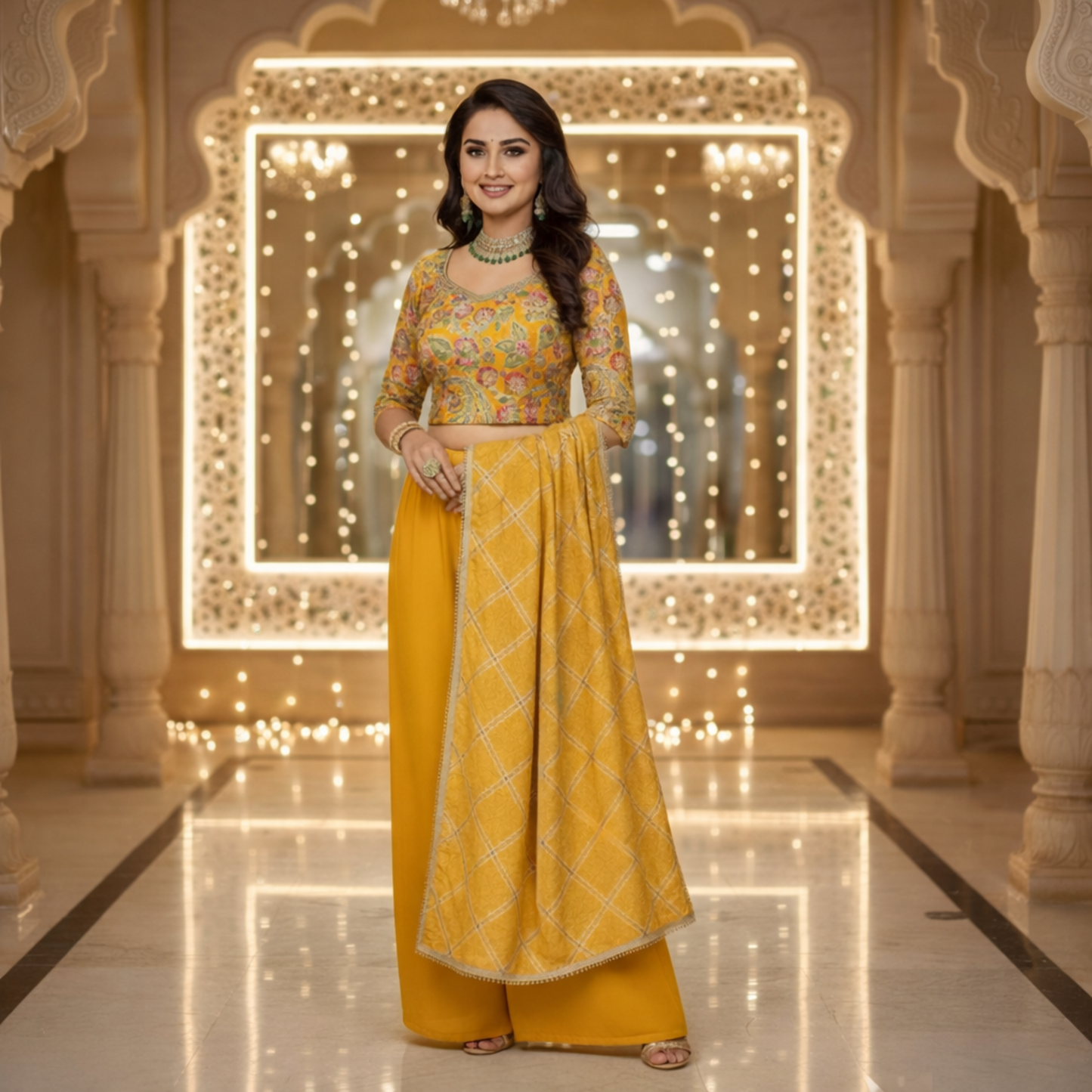 Embroidered Indo Top with Palazzo & Dupatta Set
