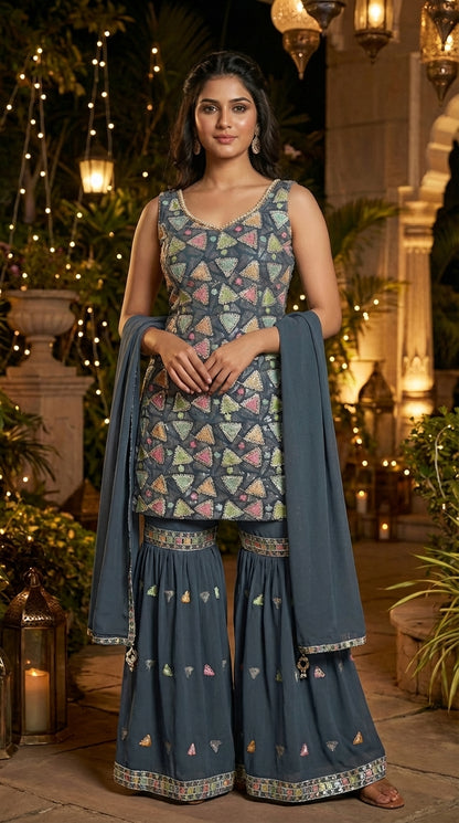 Multi Embroidered Straight Suit with Sharara & Dupatta