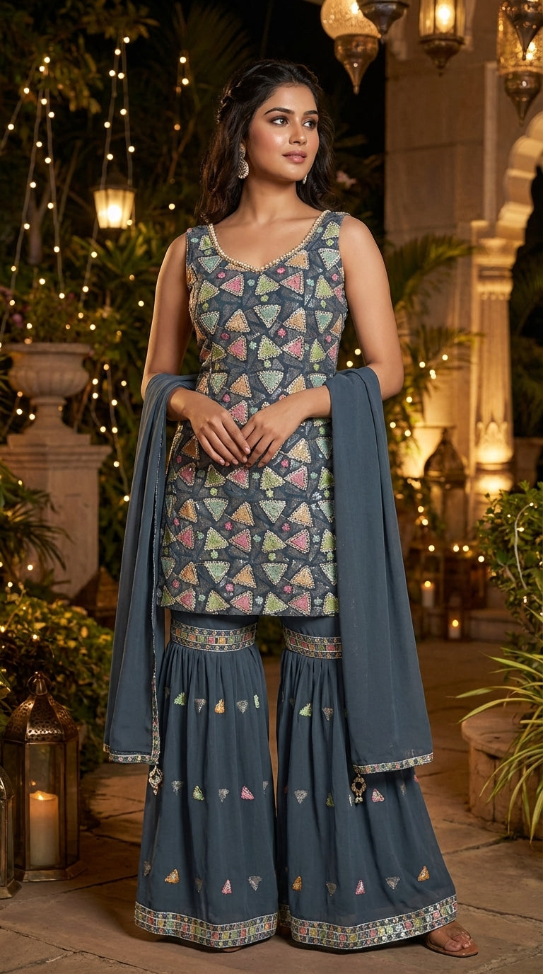 Multi Embroidered Straight Suit with Sharara & Dupatta