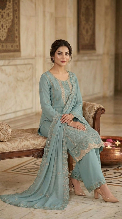 Beats Embroidered Straight Suit with Dupatta and Plazo work