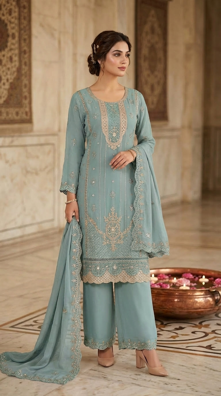 Beats Embroidered Straight Suit with Dupatta and Plazo work