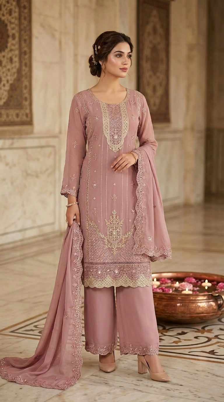 Beats Embroidered Straight Suit with Dupatta and Plazo work