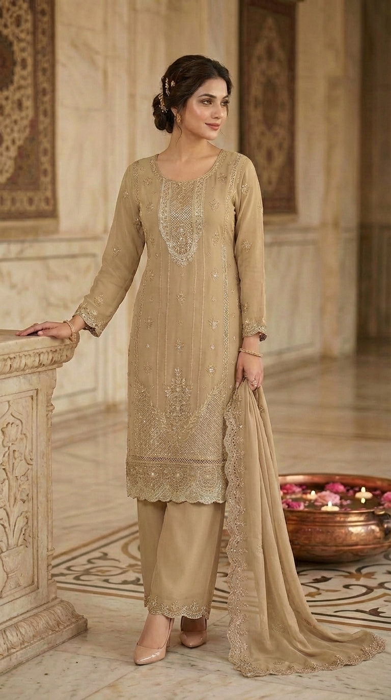 Beats Embroidered Straight Suit with Dupatta and Plazo work