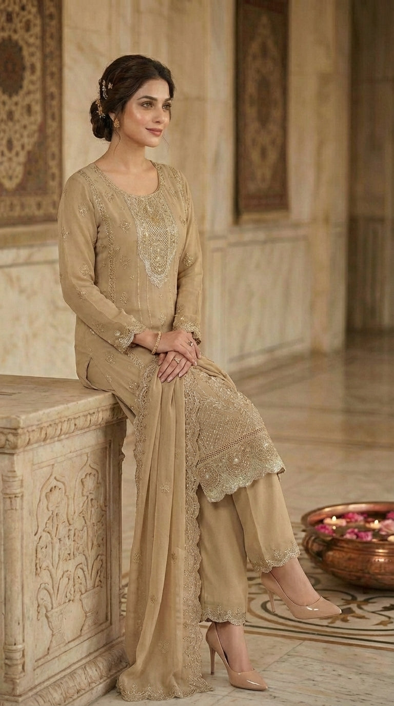 Beats Embroidered Straight Suit with Dupatta and Plazo work