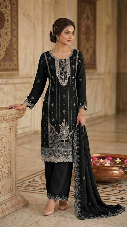Beats Embroidered Straight Suit with Dupatta and Plazo work