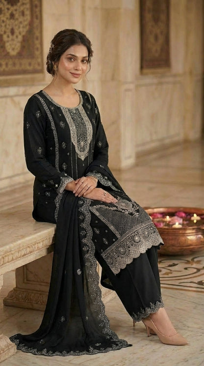 Beats Embroidered Straight Suit with Dupatta and Plazo work