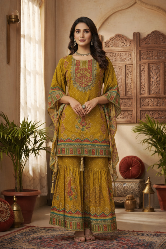 Pure Crepe Printed Kurta with Long Sleeves and Sharara