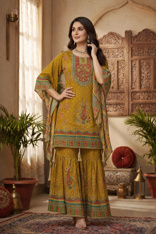 Pure Crepe Printed Kurta with Long Sleeves and Sharara