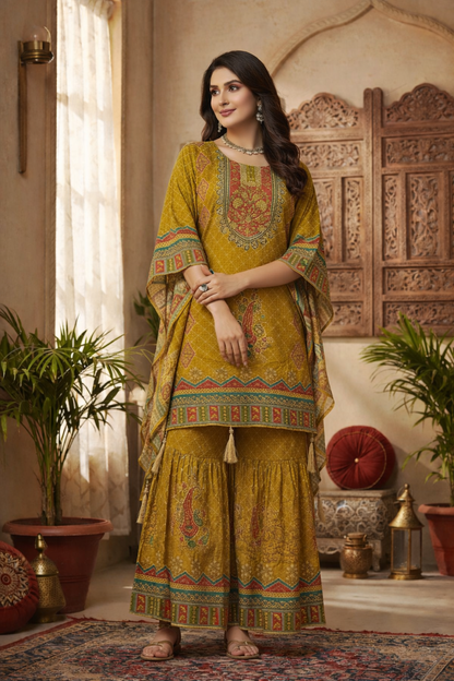 Pure Crepe Printed Kurta with Long Sleeves and Sharara