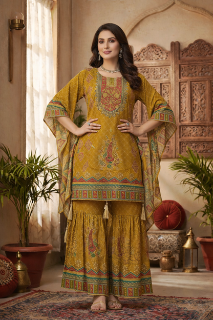 Pure Crepe Printed Kurta with Long Sleeves and Sharara