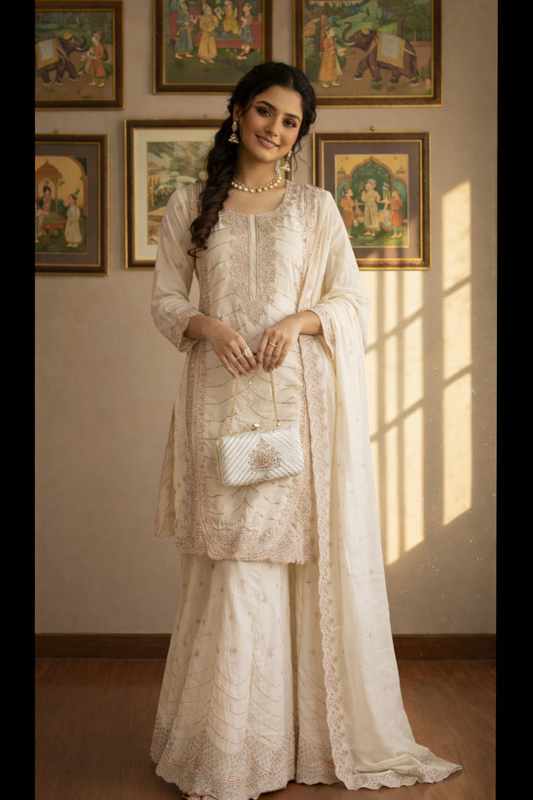 Heavy Embroidered Pakistani Suit with Palazzo & Dupatta