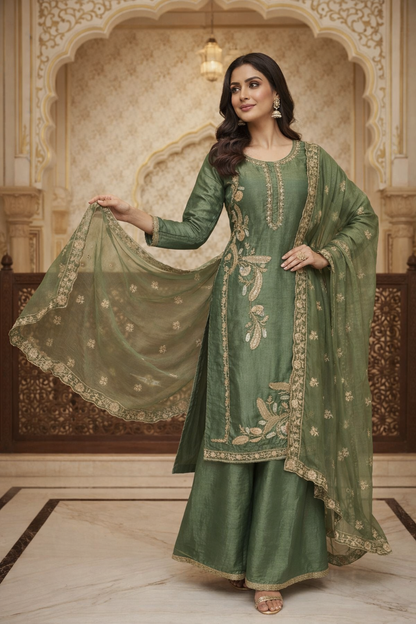 Embroidered Kurta Set with Palazzo & Dupatta