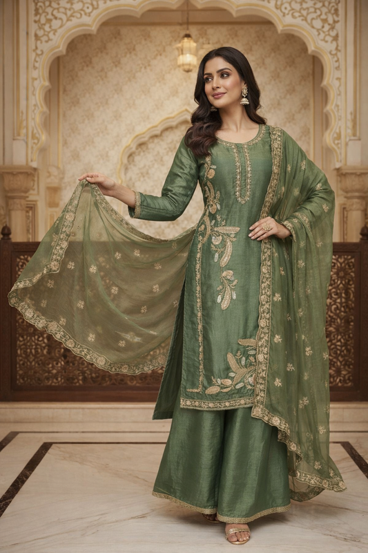 Embroidered Kurta Set with Palazzo & Dupatta