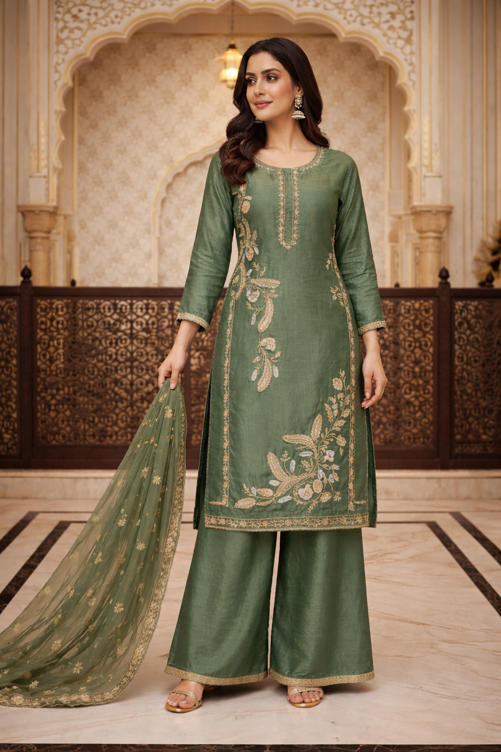 Embroidered Kurta Set with Palazzo & Dupatta