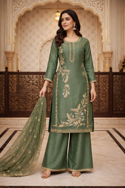 Embroidered Kurta Set with Palazzo & Dupatta