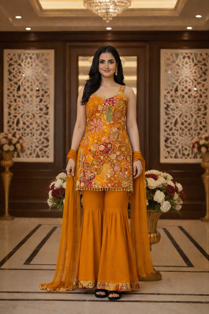Floral Print with Emb. Straight Suit with Sharara and Dupatta