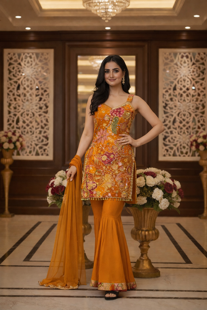 Floral Print with Emb. Straight Suit with Sharara and Dupatta