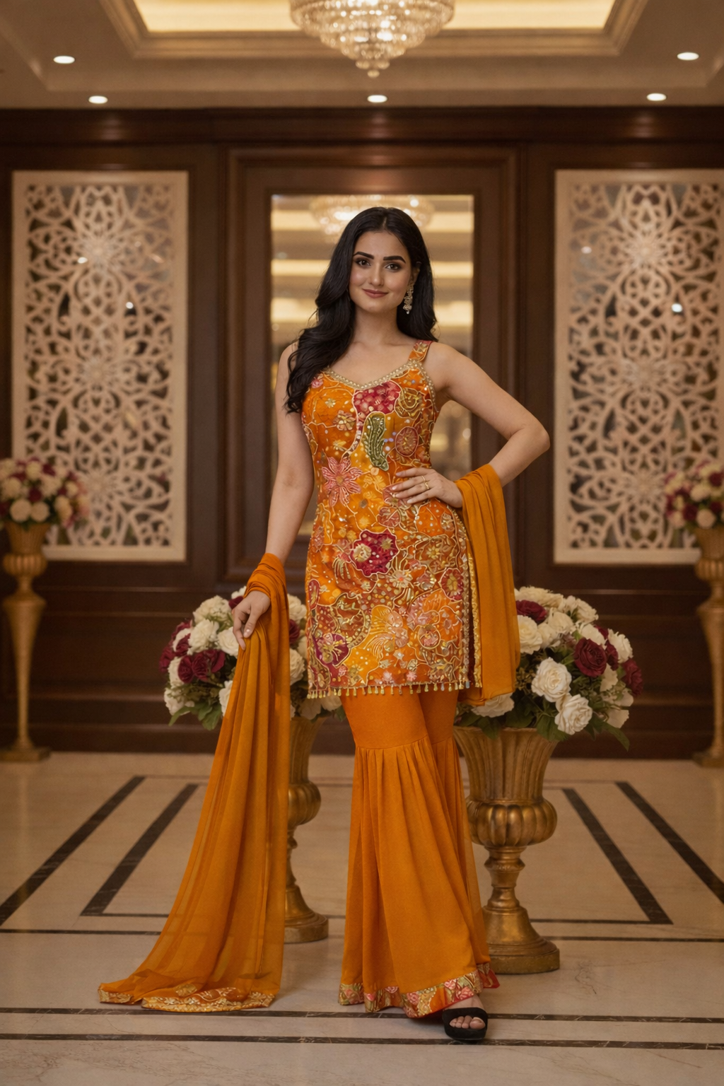 Floral Print with Emb. Straight Suit with Sharara and Dupatta