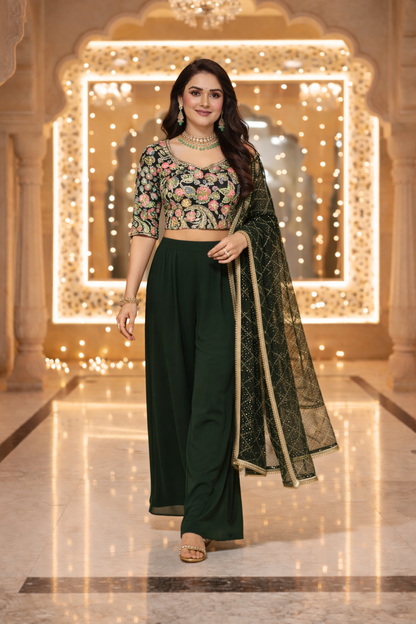 Embroidered Indo Top with Palazzo & Dupatta Set
