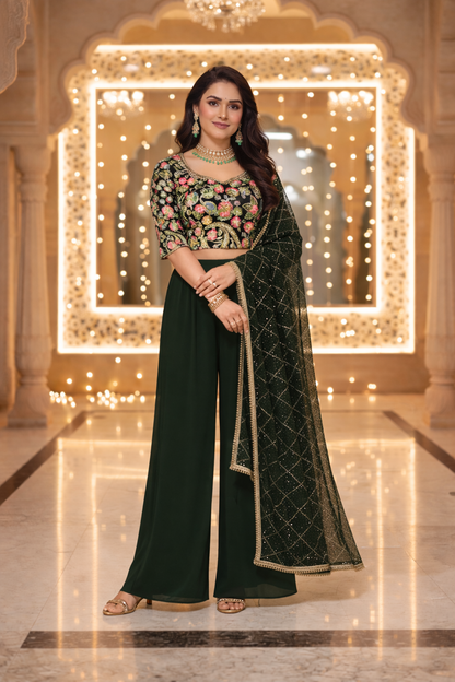 Embroidered Indo Top with Palazzo & Dupatta Set