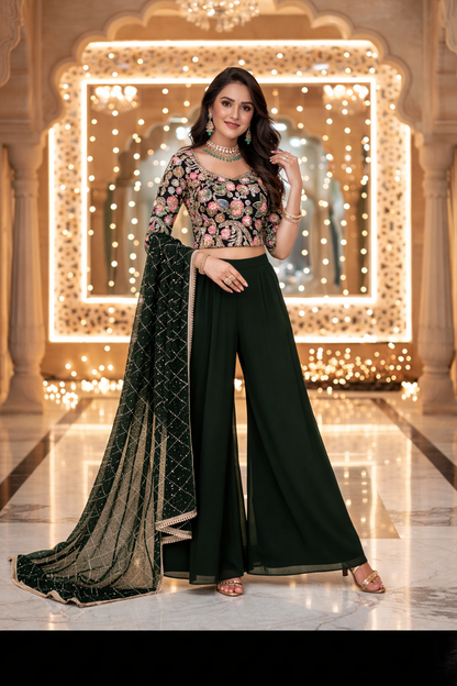 Embroidered Indo Top with Palazzo & Dupatta Set