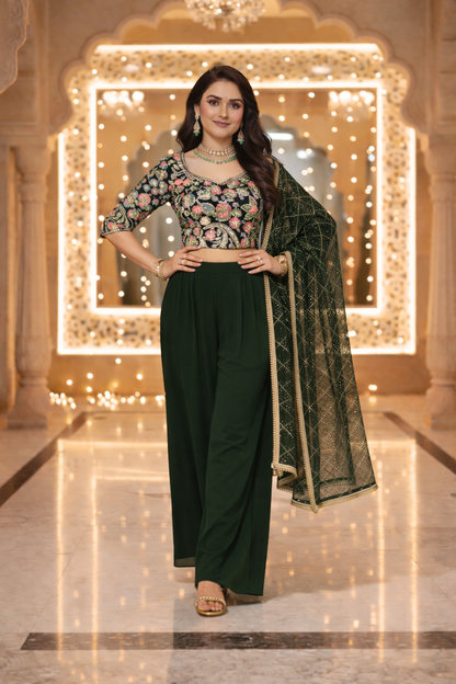 Embroidered Indo Top with Palazzo & Dupatta Set