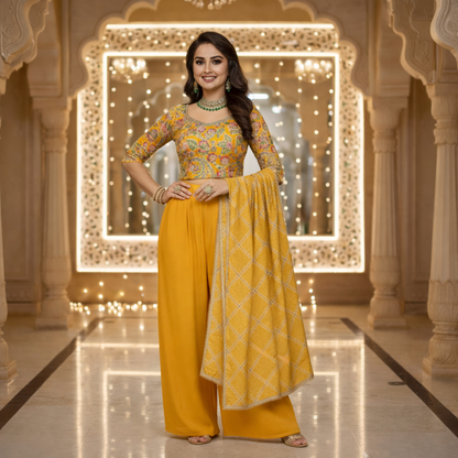 Embroidered Indo Top with Palazzo & Dupatta Set