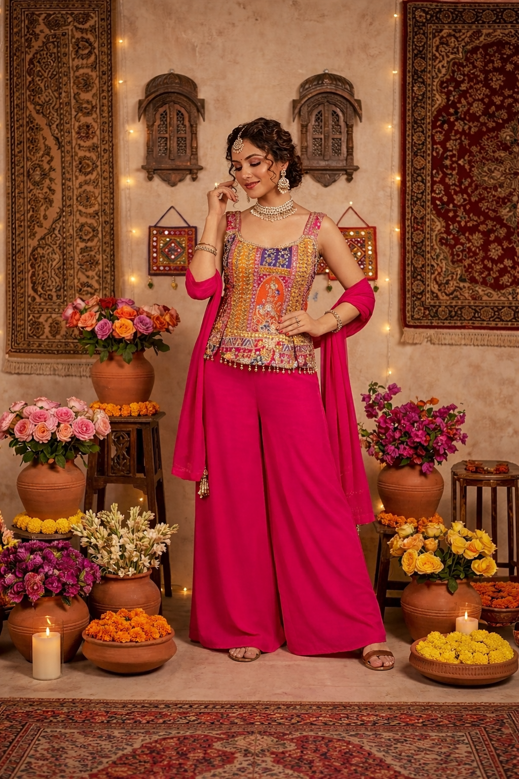 Hand-Touched Position Print Short Indo Top with Palazzo & Dupatta