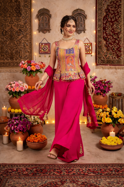 Hand-Touched Position Print Short Indo Top with Palazzo & Dupatta