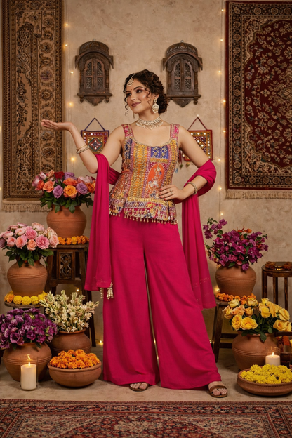 Hand-Touched Position Print Short Indo Top with Palazzo & Dupatta