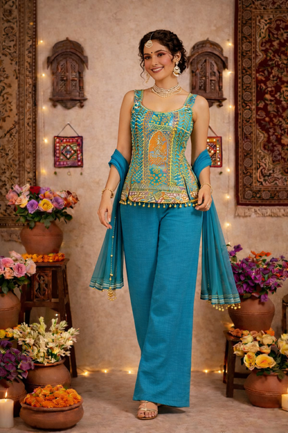Hand-Touched Position Print Short Indo Top with Palazzo & Dupatta