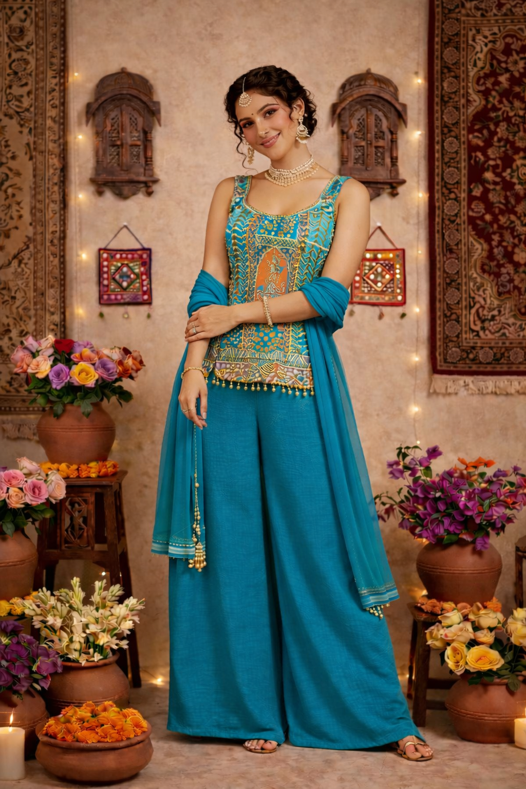 Hand-Touched Position Print Short Indo Top with Palazzo & Dupatta