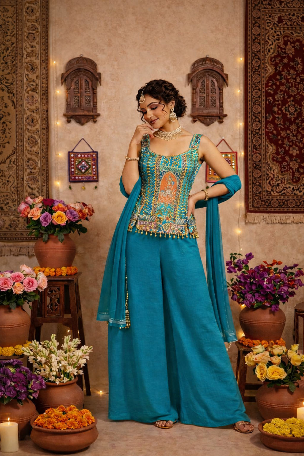 Hand-Touched Position Print Short Indo Top with Palazzo & Dupatta